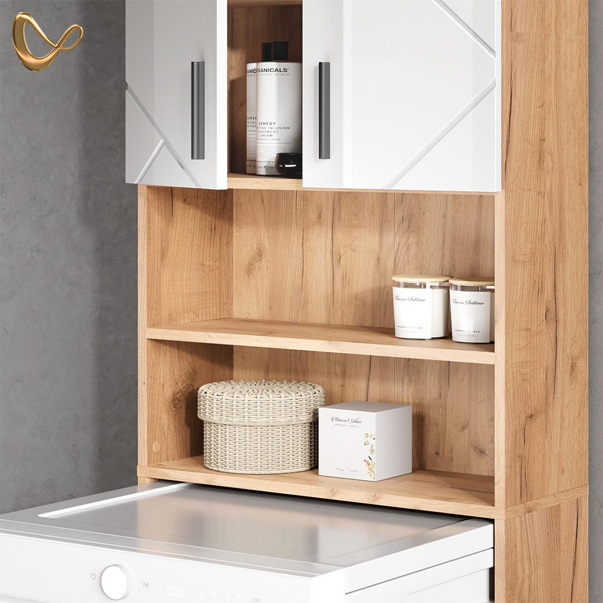 WASCHMASCHINENSCHRANK Ronco Weiß Hochglanz/Goldkraft Eiche 64 x 190.5 cm - Honigeiche/Weiß Hochglanz, Holzwerkstoff (64/190.5/26cm) - Livinity®