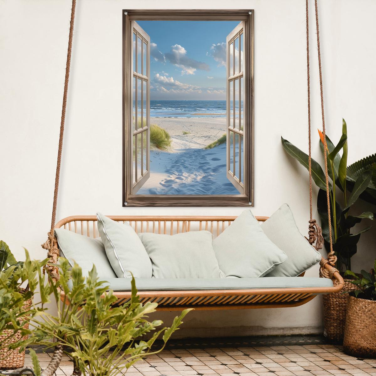 GARTENPOSTER Aussicht - Strand - Fenster - Dünen - Meer Outdoor Bilder 80x120 cm - Hellblau, Kunststoff (80/120/0.2cm) - OnlyWow