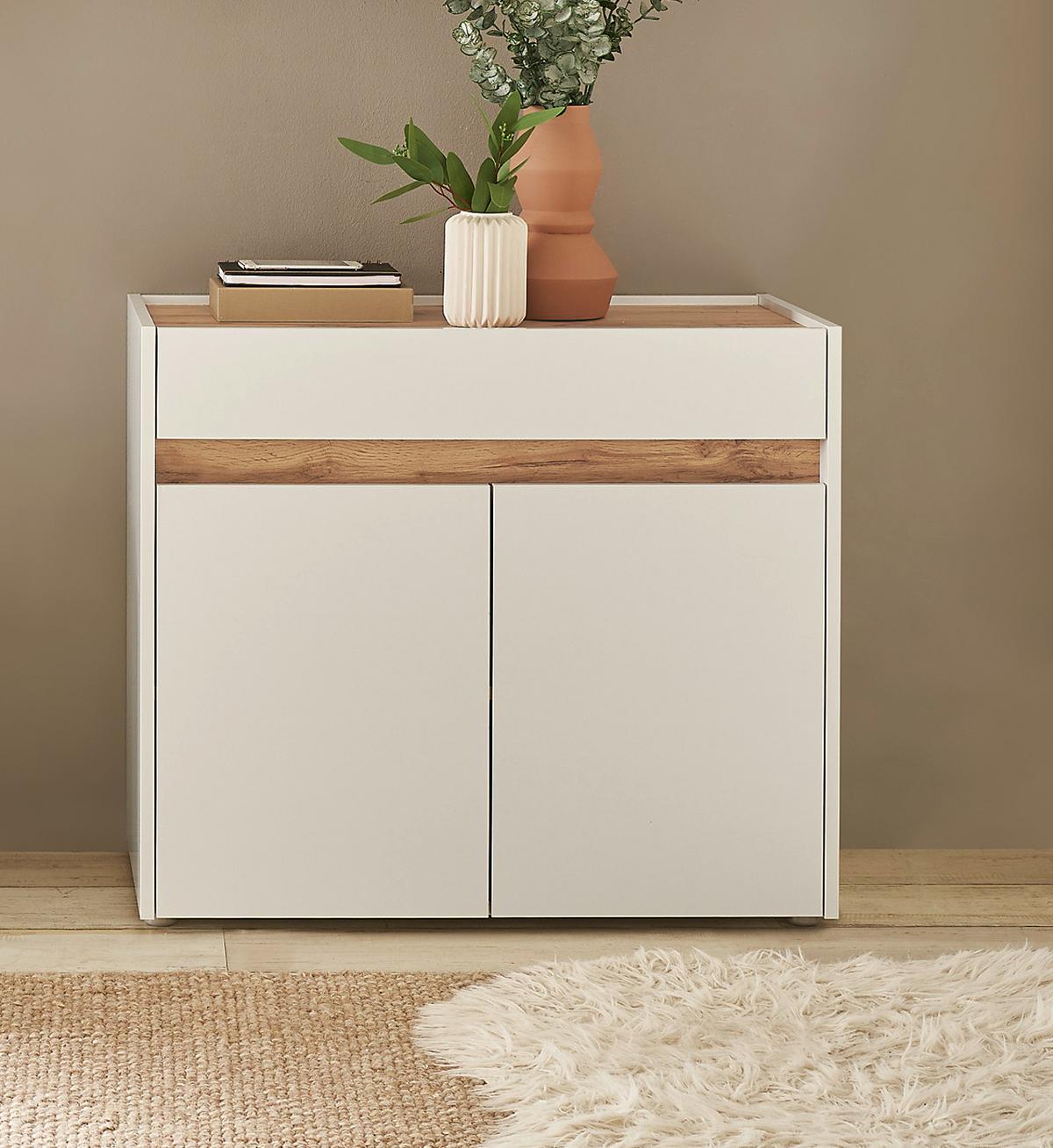 SCHUHSCHRANK weiß, Eiche Wotan 80 x 70 cm, Flurkommode mit Schubladen - Eiche Wotan/Silberfarben, Holzwerkstoff/Kunststoff (80/70/40cm) - Furn.Design