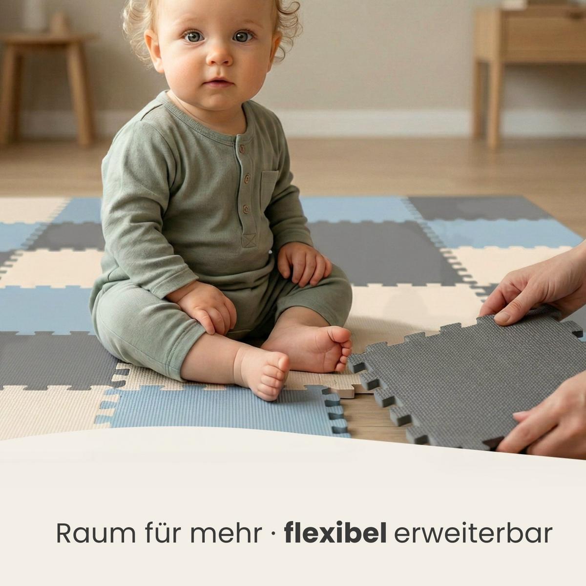 SPIELMATTE mit Rand - 270/90/1 cm Puzzlematte Grau Blau Beige - Grau, Kunststoff (30/30cm) - Littletom