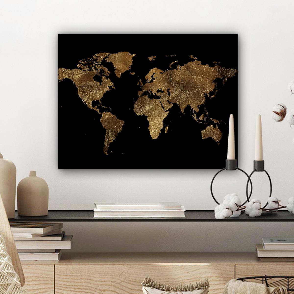 LEINWANDBILD Weltkarte - Gold - Luxus - Erde - Schwarz Wandbild 40x30 cm - Goldfarben, Textil (40/30cm) - MuchoWow