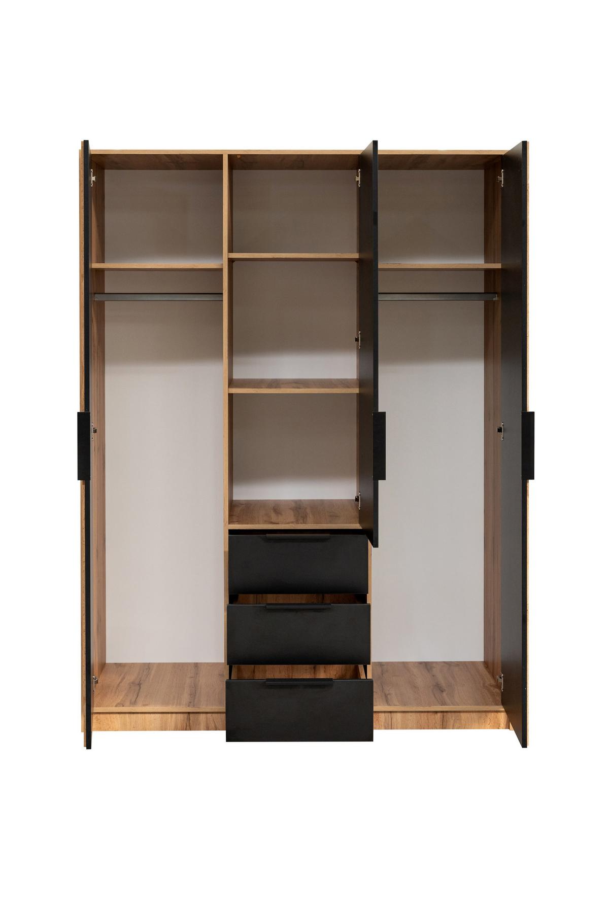 DREHTÜRENSCHRANK GAREN 149/200/57,5 cm 3-türig mit Spiegel Eiche Wotan - Eiche Wotan/Schwarz, Holzwerkstoff (149/200/57.5cm) - MASSENO