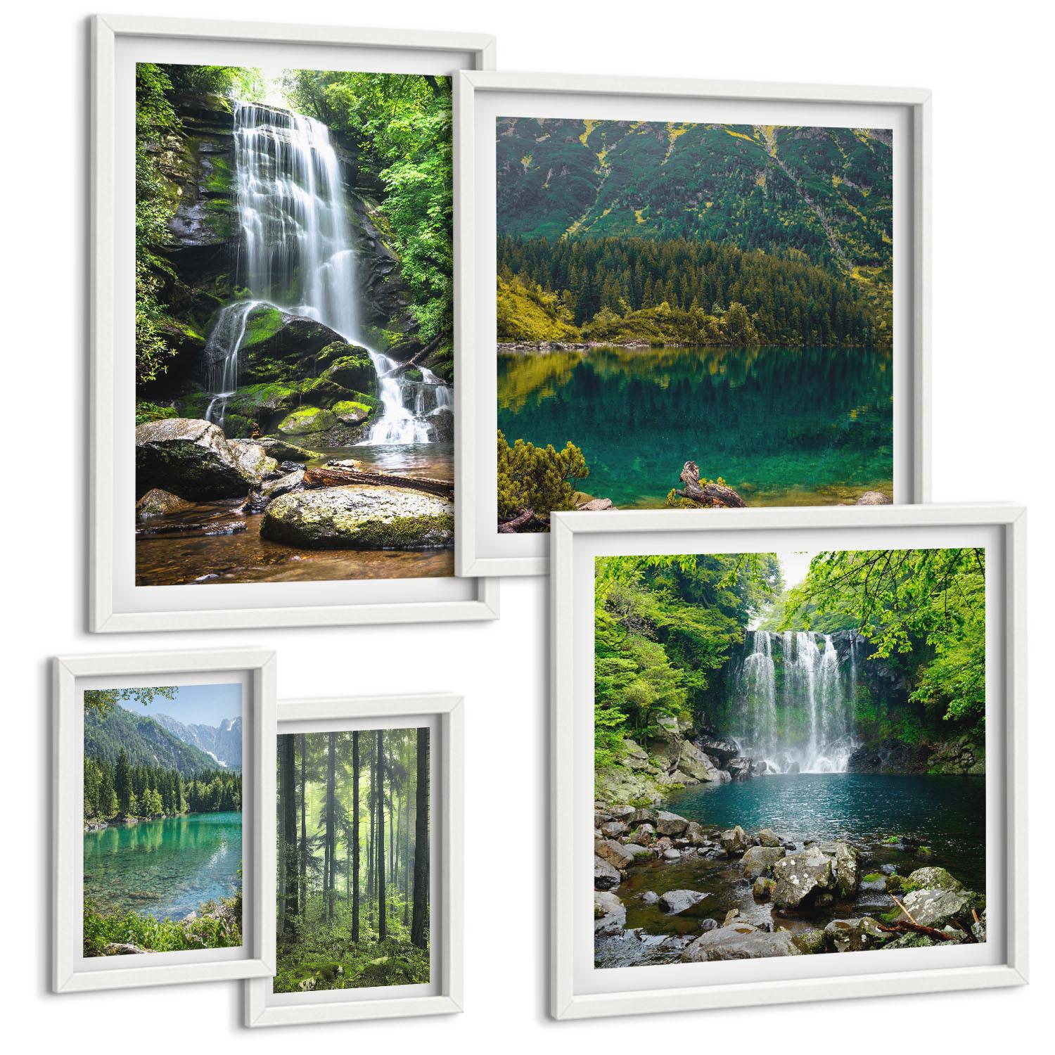 BILDER SET 5er Set - 50x50 cm & 20x30 cm & 40x60 cm Weißer Rahmen - Grüne Landschaften, Wasserfälle - Weiß, Kunststoff (40/60cm) - TULUP