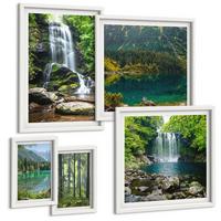 BILDER SET 5er Set - 50x50 cm & 20x30 cm & 40x60 cm Weißer Rahmen - Grüne Landschaften, Wasserfälle - Weiß, Kunststoff (40/60cm) - TULUP