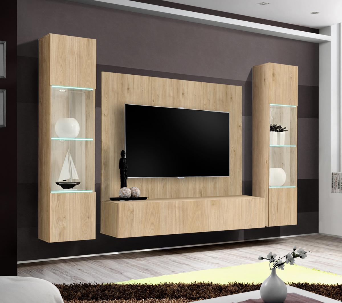WOHNWAND Eiche Jackson 4-teilig 260 cm hängend, Schrankwand mit LED und Push-to-Open - Eichefarben, Glas/Holzwerkstoff (260/170/40cm) - Inn.Furn