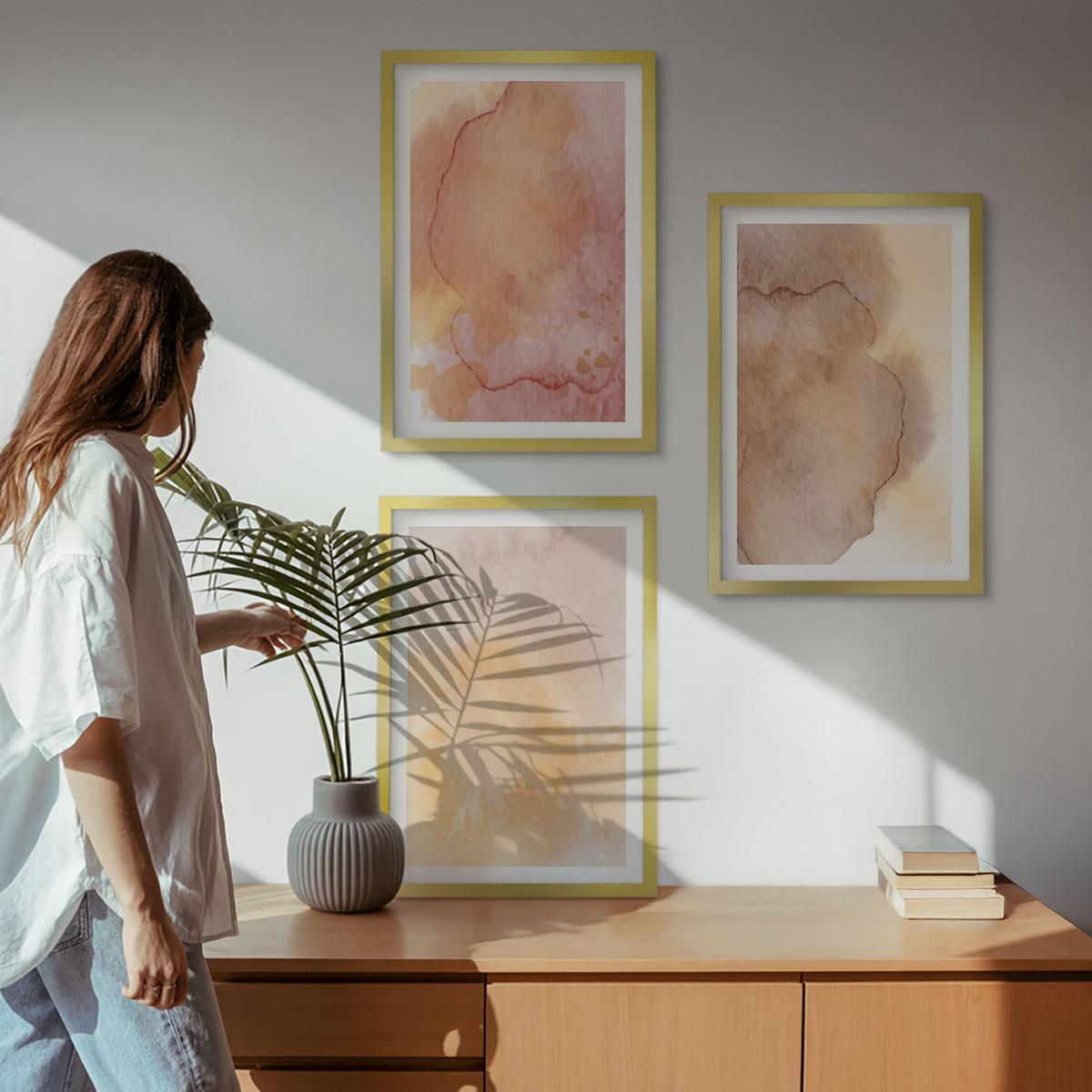 BILDER SET 3er Set - 40x60 cm Goldrahmen - Warme, farbenfrohe Aquarelltexturen - Goldfarben, Kunststoff (40/60cm) - TULUP