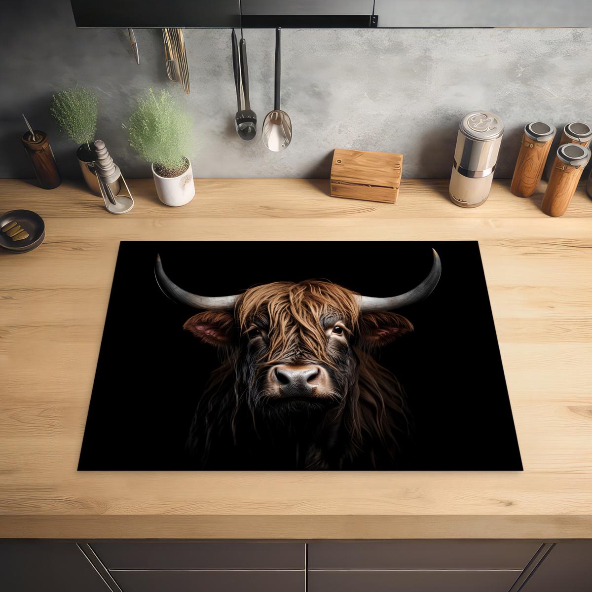 HERDABDECKPLATTE Schottischer Highlander - Porträt - Schwarz - Tier Herdabdeckung Induktionsfeld 70x52 cm - Braun, Kunststoff (70/52/0.2cm) - MuchoWow