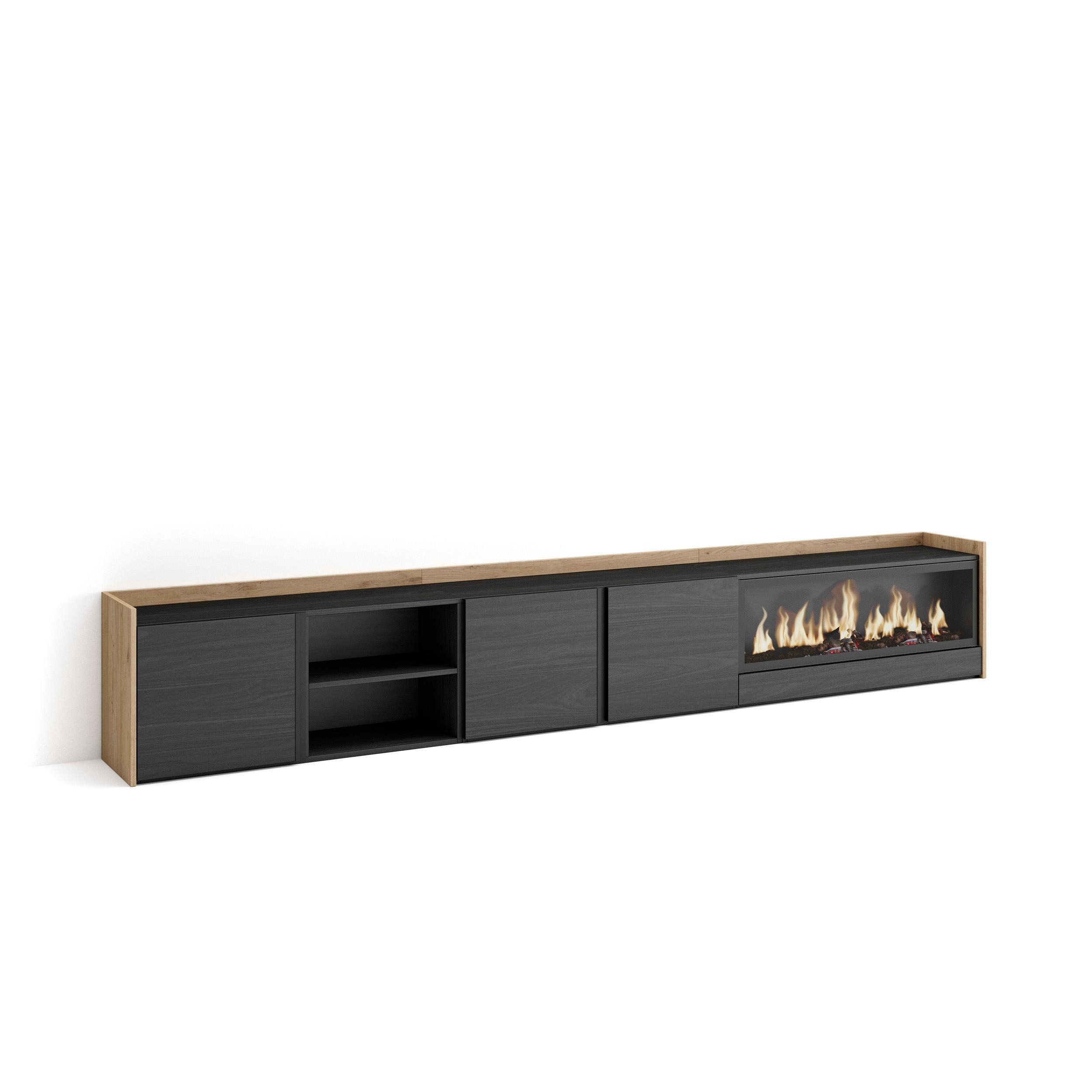 LOWBOARD, Schwarz und Eiche, 315/35/50cm, Kamin mit Feuereffekt XXL - Schwarz, Holzwerkstoff (315/50/35cm) - Skraut Home