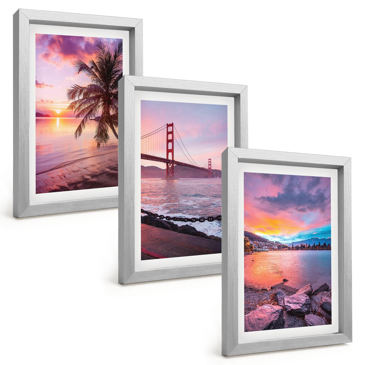 BILDER SET 3er Set - 20x30 cm Silberner Rahmen - Sonnenuntergangsbrücke Landschaft - Silberfarben, Kunststoff (20/30cm) - TULUP