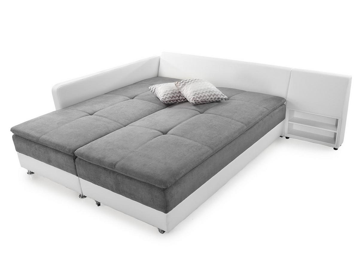 ECKSOFA-DAUERSCHLÄFER Doppelbett Boxspring Federkern Topper, Schwenkteil rechts B306/T223/H95 cm , Kunstleder Weiß+Mikrofaser Hellgrau / 15104 - Chromfarben/Hellgrau, Kunststoff/Textil (306/223cm) - luma-home