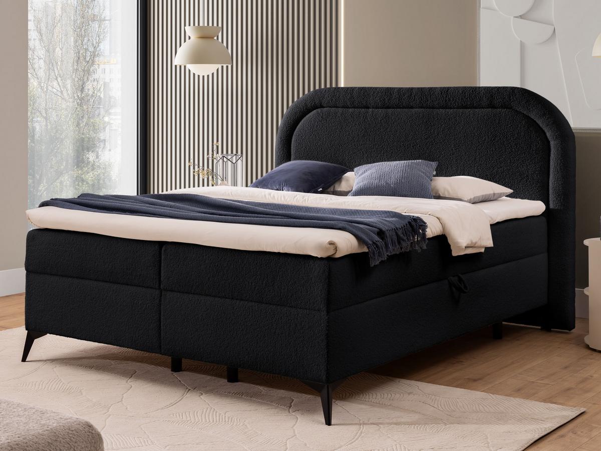 BOXBETT Sonna 200/200 cm Schwarz Bouclé-Stoff mit abgerundetem Kopfteil und mit schwarzen Metallfüßen - Schwarz, Holz/Textil (200/200cm) - S-Style Möbel