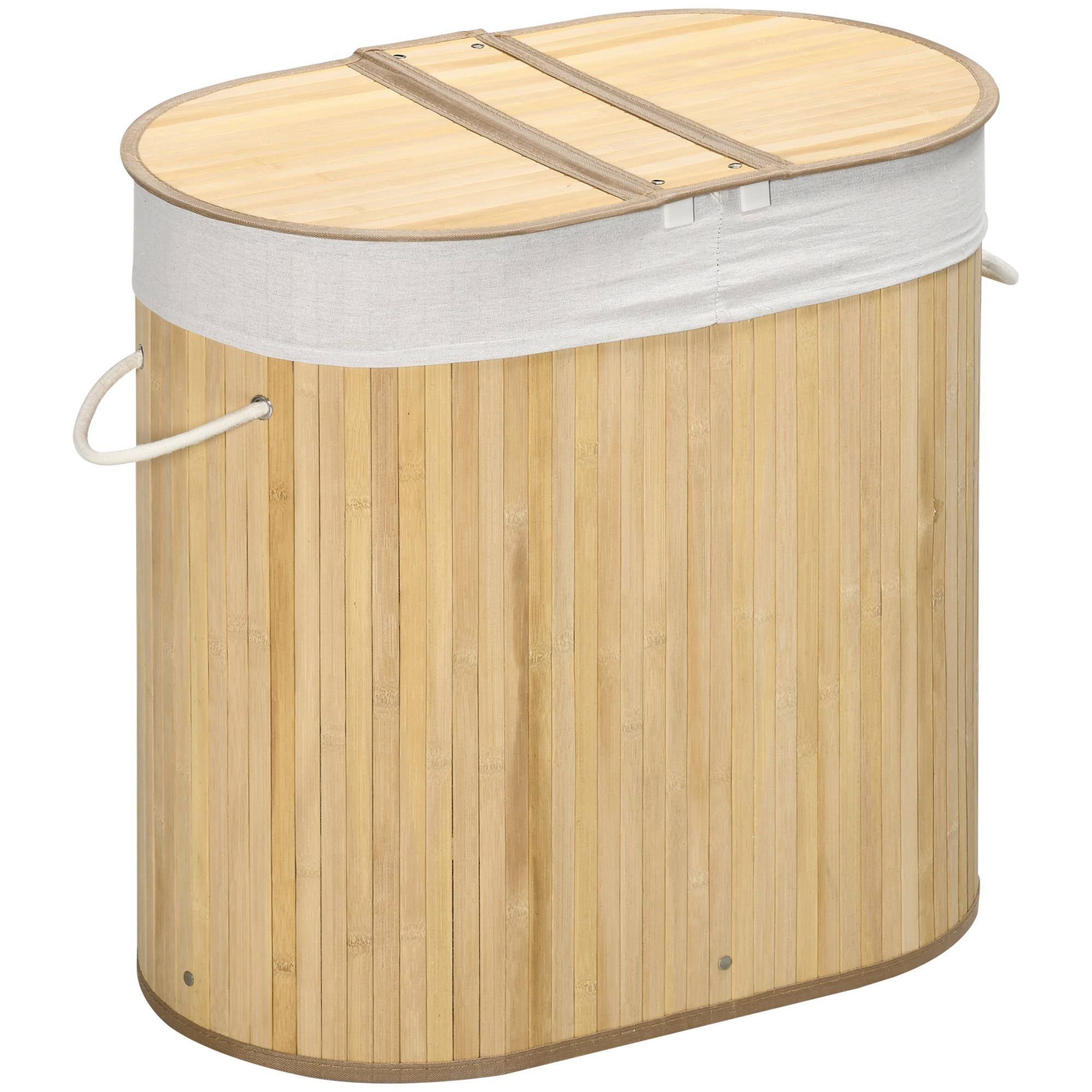 WÄSCHEKORB 100L Wäschebox mit Deckel, Griff, 2 Abschnitten Bambus Natur - Naturfarben, Naturmaterialien (37/60.5/62.5cm) - HOMCOM