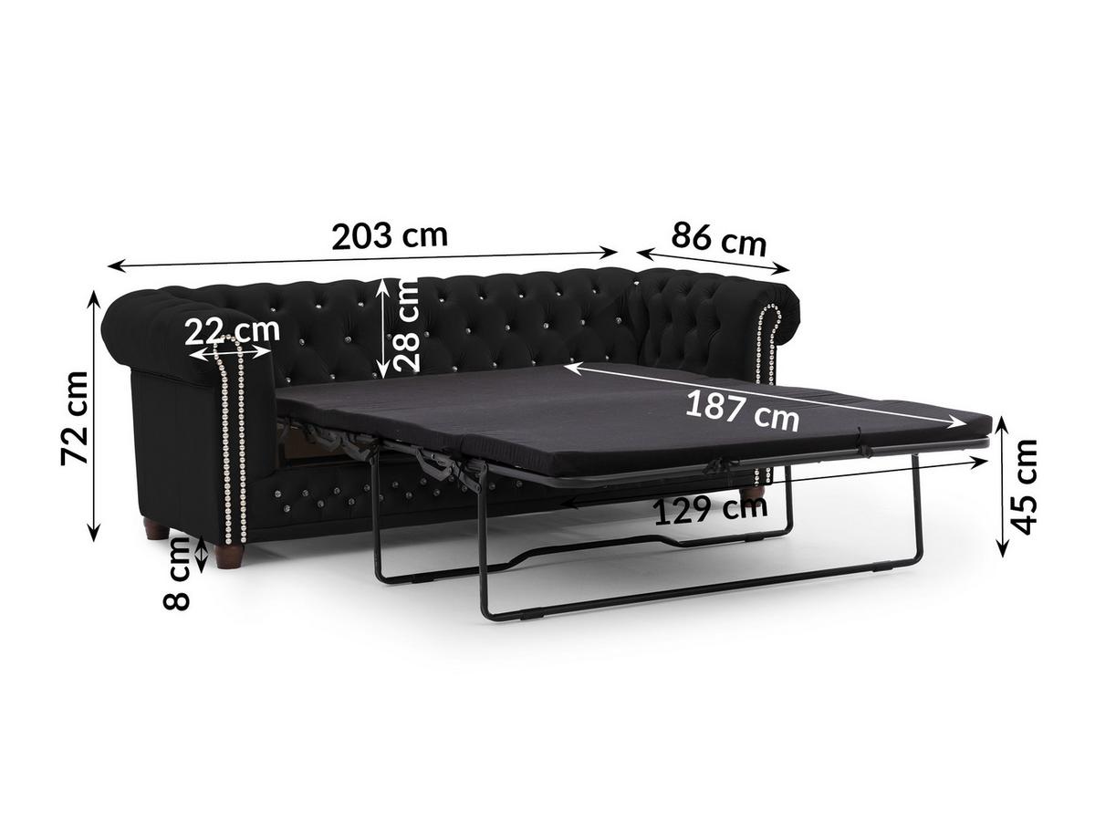 CHESTERFIELD-SOFA 3-Sitzer mit Schlaffunktion Cleo Blink Schwarz Samt mit Kristallsteppung und braunen Massivholzfüßen - Schwarz/Braun, Holz/Textil (203/72/86cm) - S-Style