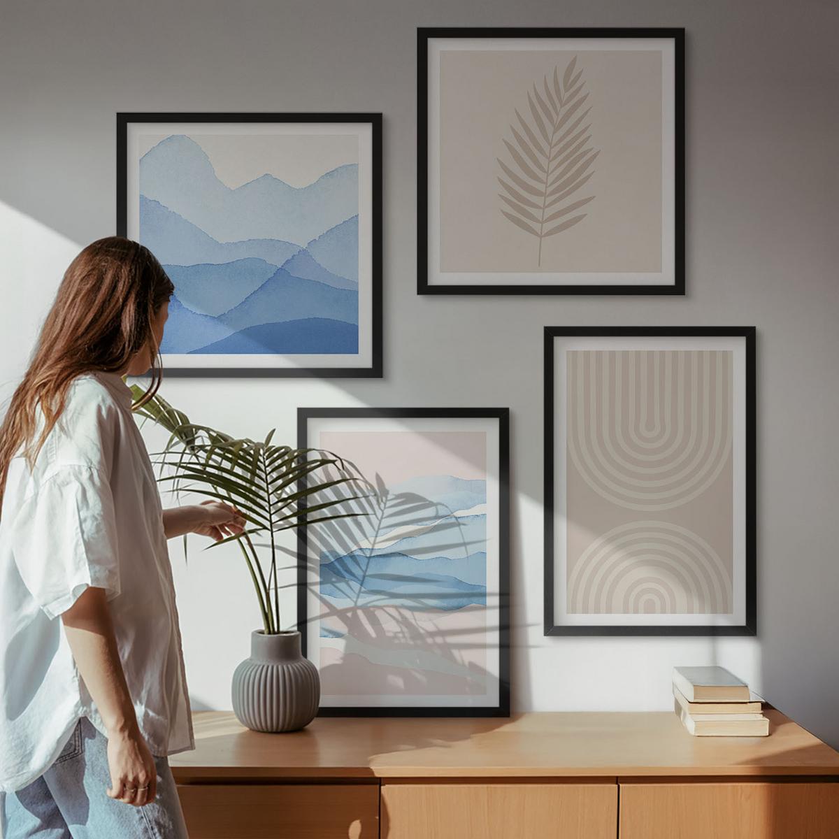 BILDER SET 4er Set - 50x50 cm & 40x60 cm Schwarzer Rahmen - Blätterwellen beige blau - Schwarz, Kunststoff (50/50cm) - TULUP