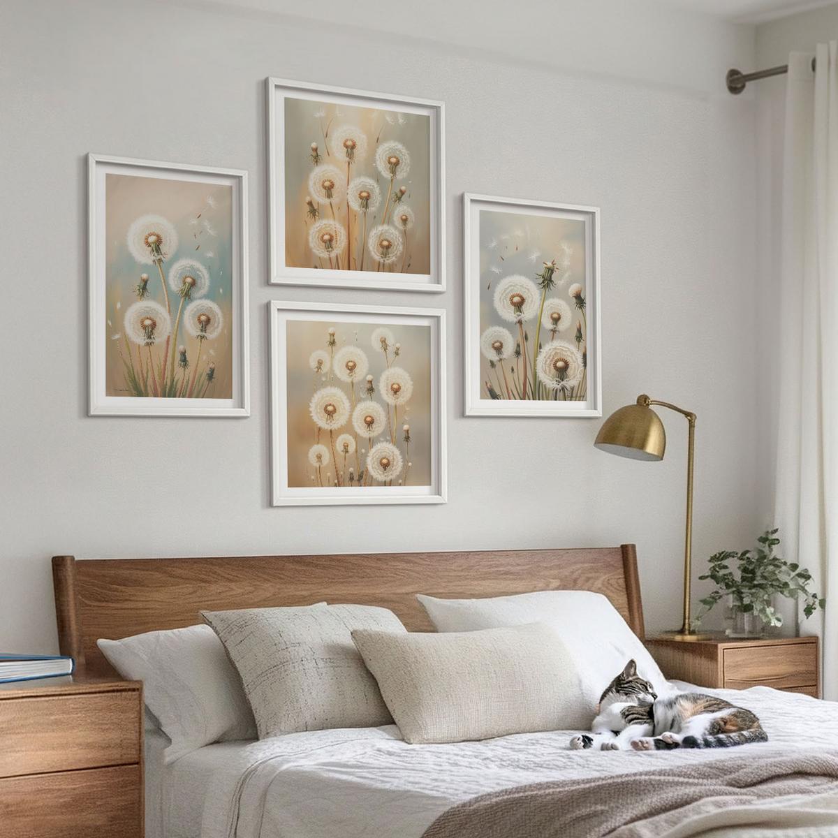 BILDER SET 4er Set - 50x50 cm & 40x60 cm Weißer Rahmen - Pastellfarbene Löwenzahnblüten - Weiß, Kunststoff (50/50cm) - TULUP