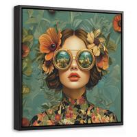 LEINWAND Bilder mit Rahmen - Frau - Blumen - Schmetterlinge - Natur - Vintage - 20x20 - Salbeigrün, Textil (20/20cm) - MuchoWow