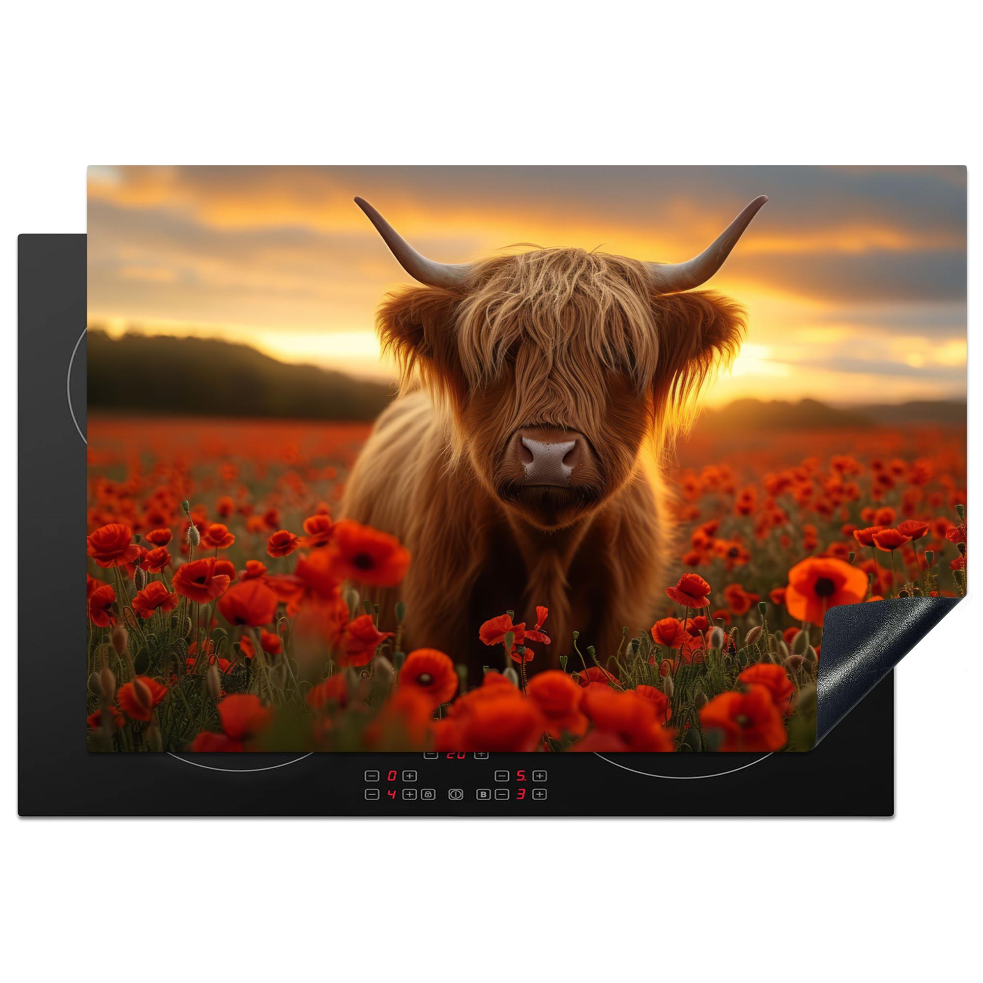 HERDABDECKPLATTE Schottische Highlander - Rosen - Blumenfeld - Sonnenuntergang Induktionsmatte 77x51 cm - Rotbraun, Kunststoff (77/51/0.2cm) - MuchoWow
