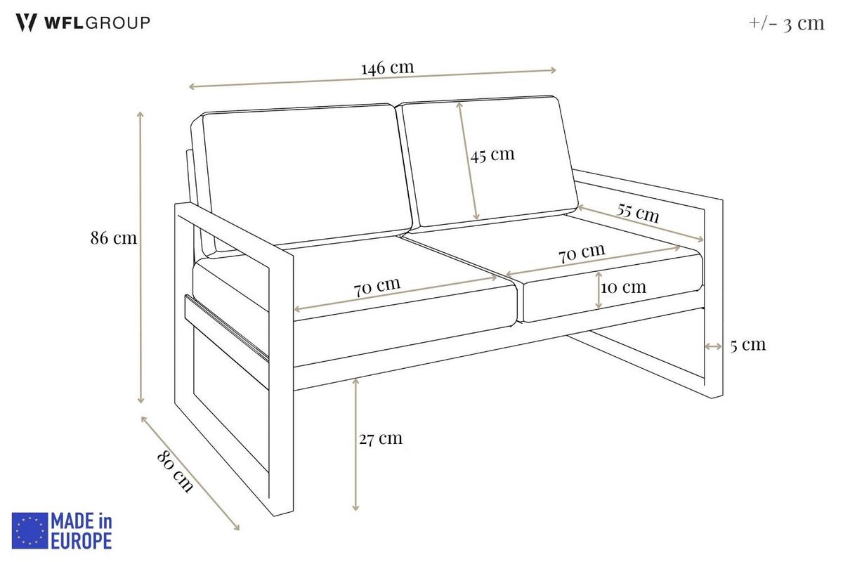 GARTENBANK Bellano Outdoor 2-Sitzer Polster-Loungebank, Stahlgestell Kaschmir, Dunkelgrau 76/146/80 cm - Grau, Textil (146/86/80cm) - WFL GROUP