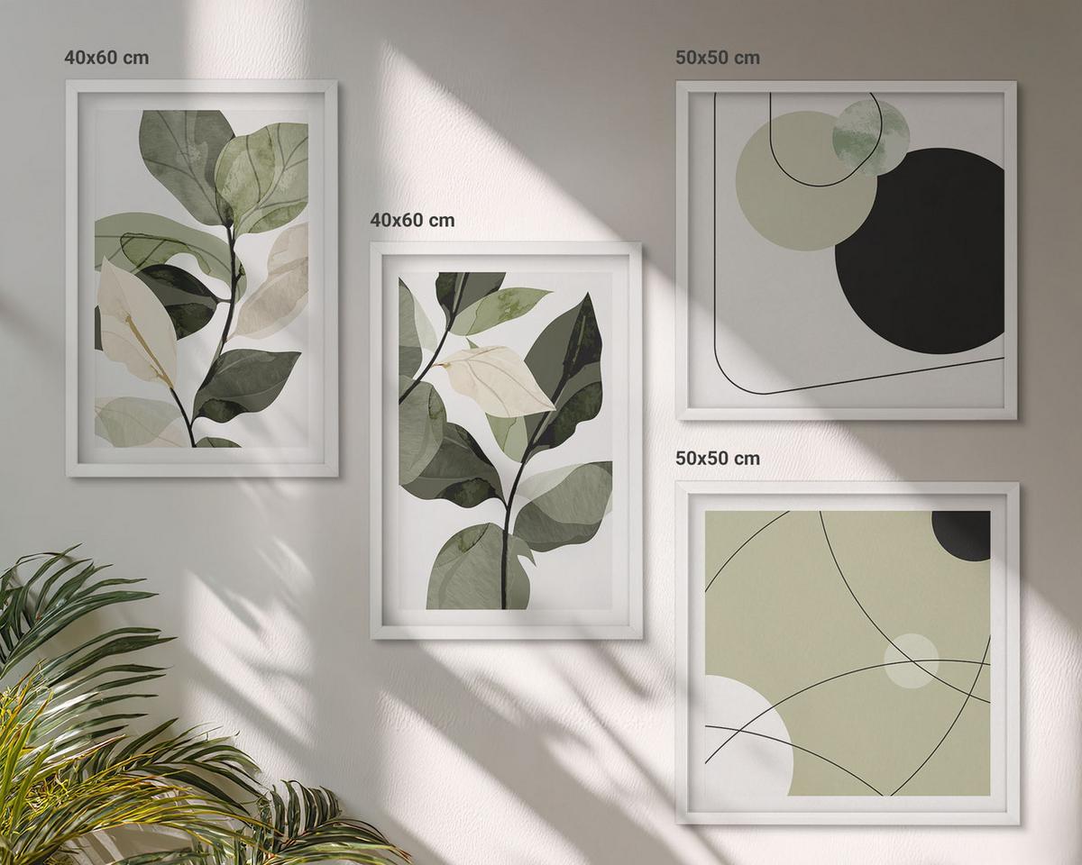 BILDER SET 4er Set - 50x50 cm & 40x60 cm Weißer Rahmen - Abstrakte Darstellung gemalter Blätter - Weiß, Kunststoff (50/50cm) - TULUP