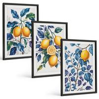 BILDER SET 3er Set - 40x60 cm Schwarzer Rahmen - Zitronenzweige mit blauen Blättern - Schwarz, Kunststoff (40/60cm) - TULUP