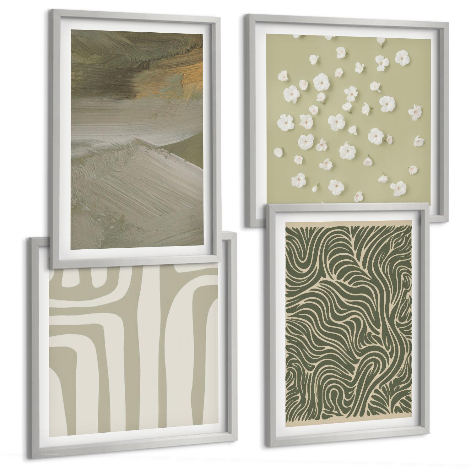 BILDER SET 4er Set - 50x50 cm & 40x60 cm Silberner Rahmen - Abstrakte Boho-Muster - Silberfarben, Kunststoff (50/50cm) - TULUP
