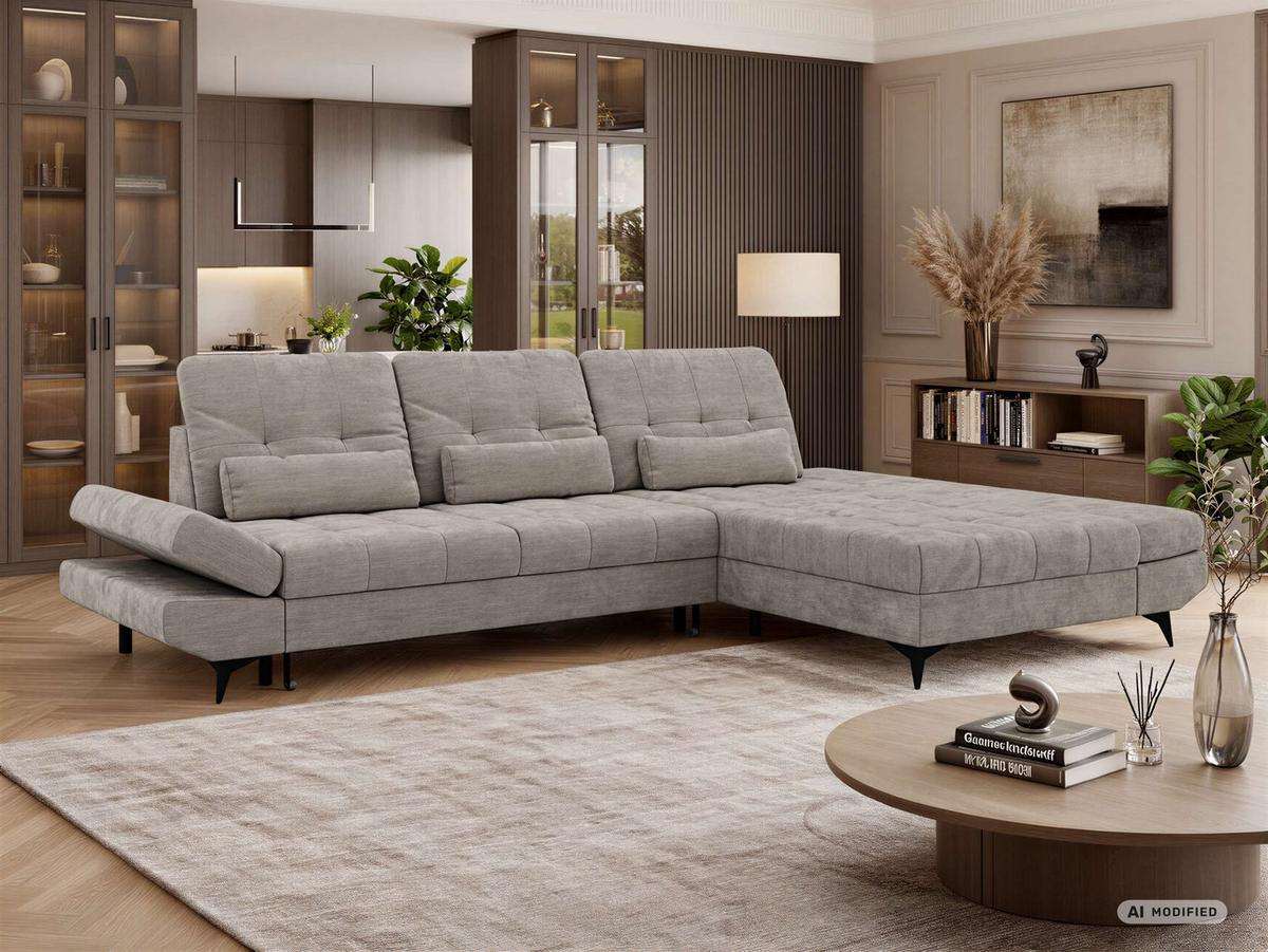 ECKSOFA ALVENO L - Hellgrau Schenille glatt - Rechts Seite - Hellgrau/Schwarz, Textil/Metall (344/218cm) - MKS