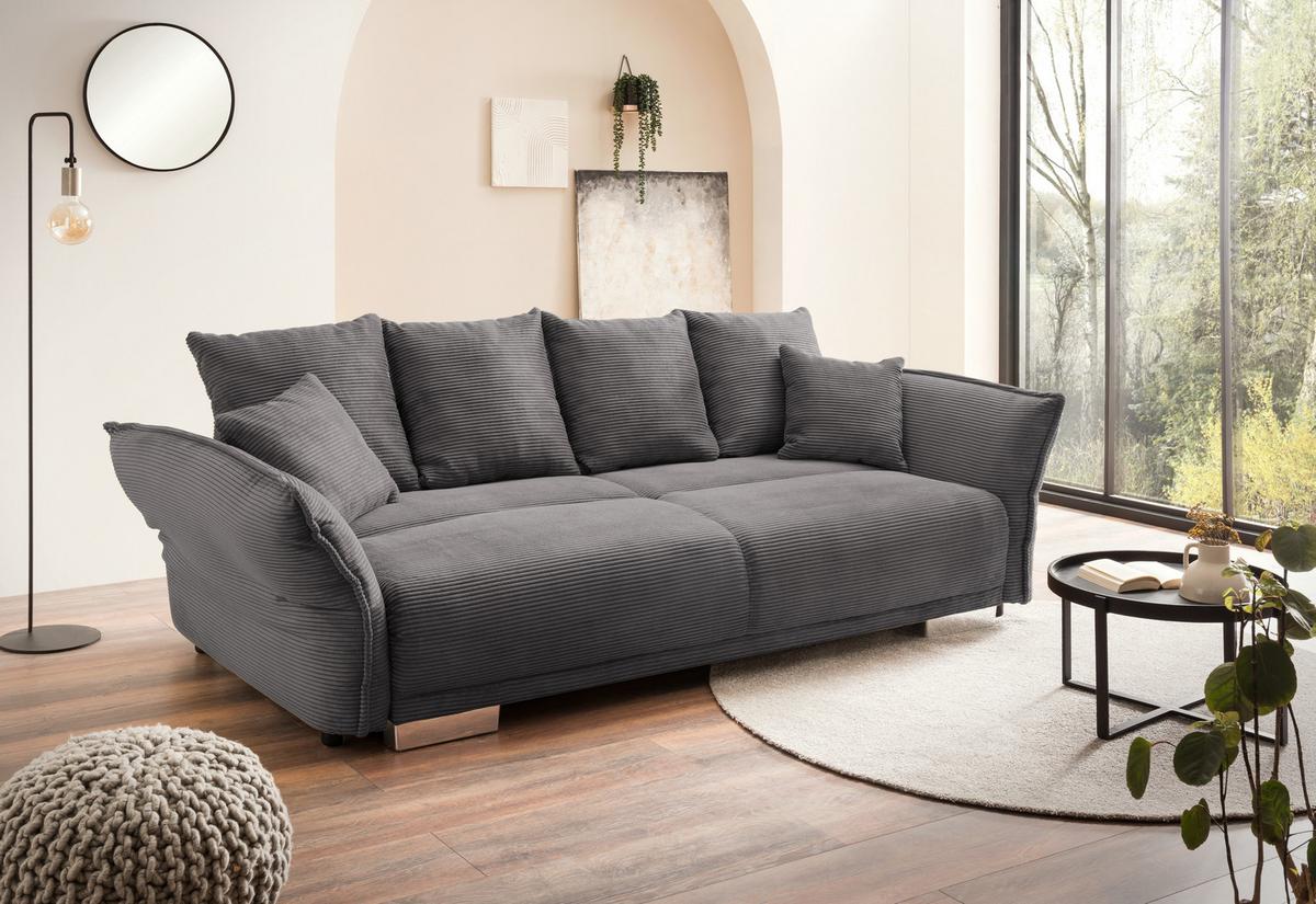 BIG-SOFA mit Schlaffunktion, Bettkasten, Federkern, Armlehnen verstellbar B242/T131/H90 cm, Liegefläche 168x199 cm, Cord Dunkelgrau / 17214 - Chromfarben/Dunkelgrau, Kunststoff/Textil (242/90/131cm) - luma-home