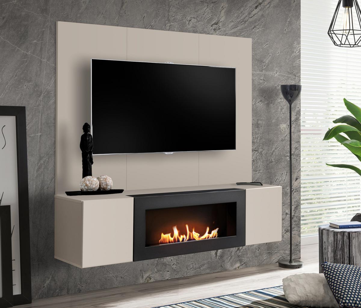 TV-LOWBOARD Kaschmir 160 cm hängend, Set inklusive Ethanol Kamin und Wandpaneel - Kaschmir, Holzwerkstoff (160/158/40cm) - Inn.Furn