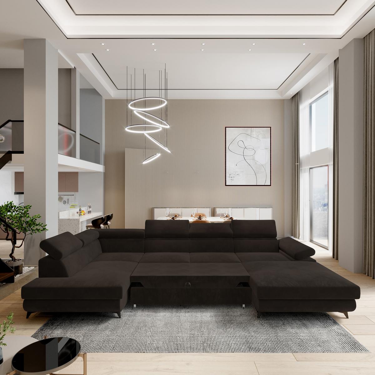 WOHNLANDSCHAFT RUBANO L-S Braun Velours-Stoff mit Schlaffunktion - Braun, Holz (339/89/190cm) - MASSENO