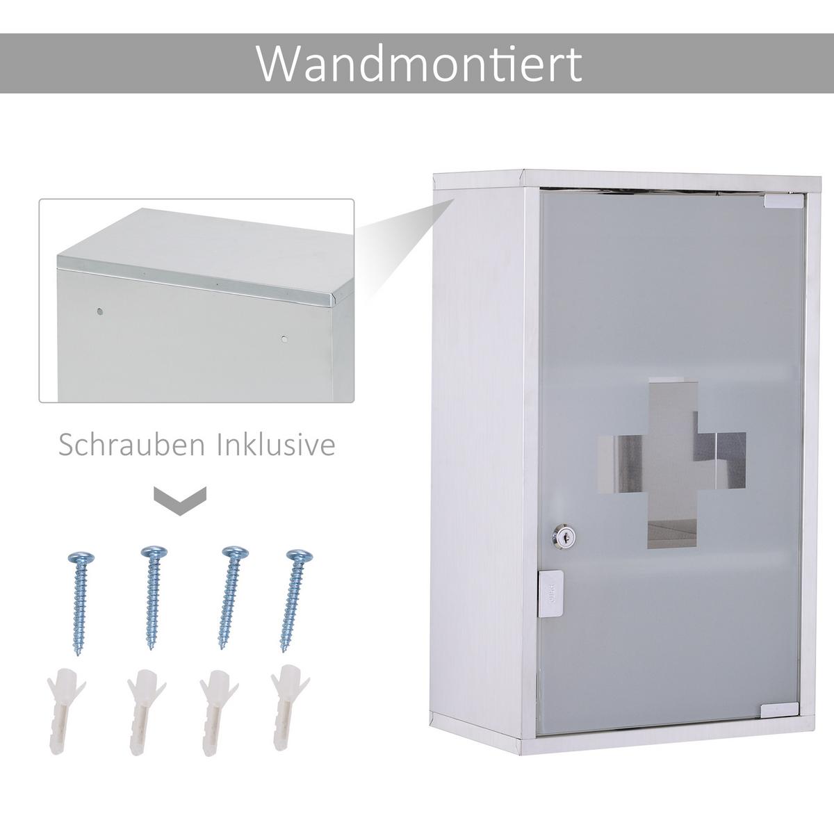 MEDIZINSCHRANK Arzneischrank Erste Hilfe mit Schloss Edelstahl 30 x 18 x 50 cm - Silberfarben, Glas (18/50/30cm) - HOMCOM