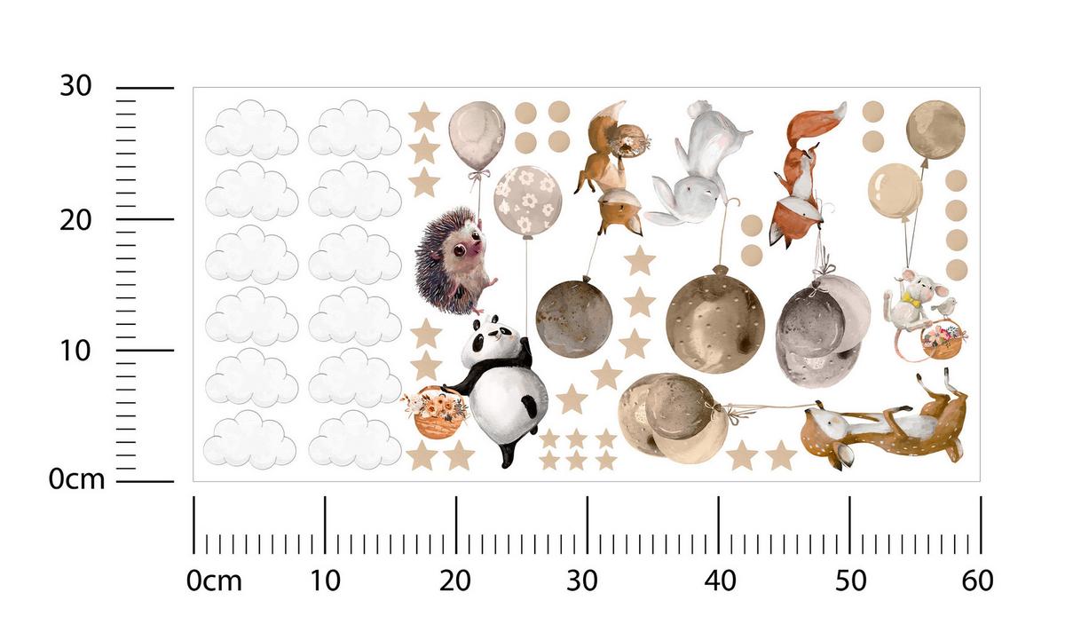 AUFKLEBER SET Tiere Ballons Wolken Sterne Punkte 60x30 - Beige/Schwarz, Papier (60/30/1cm) - Muralo