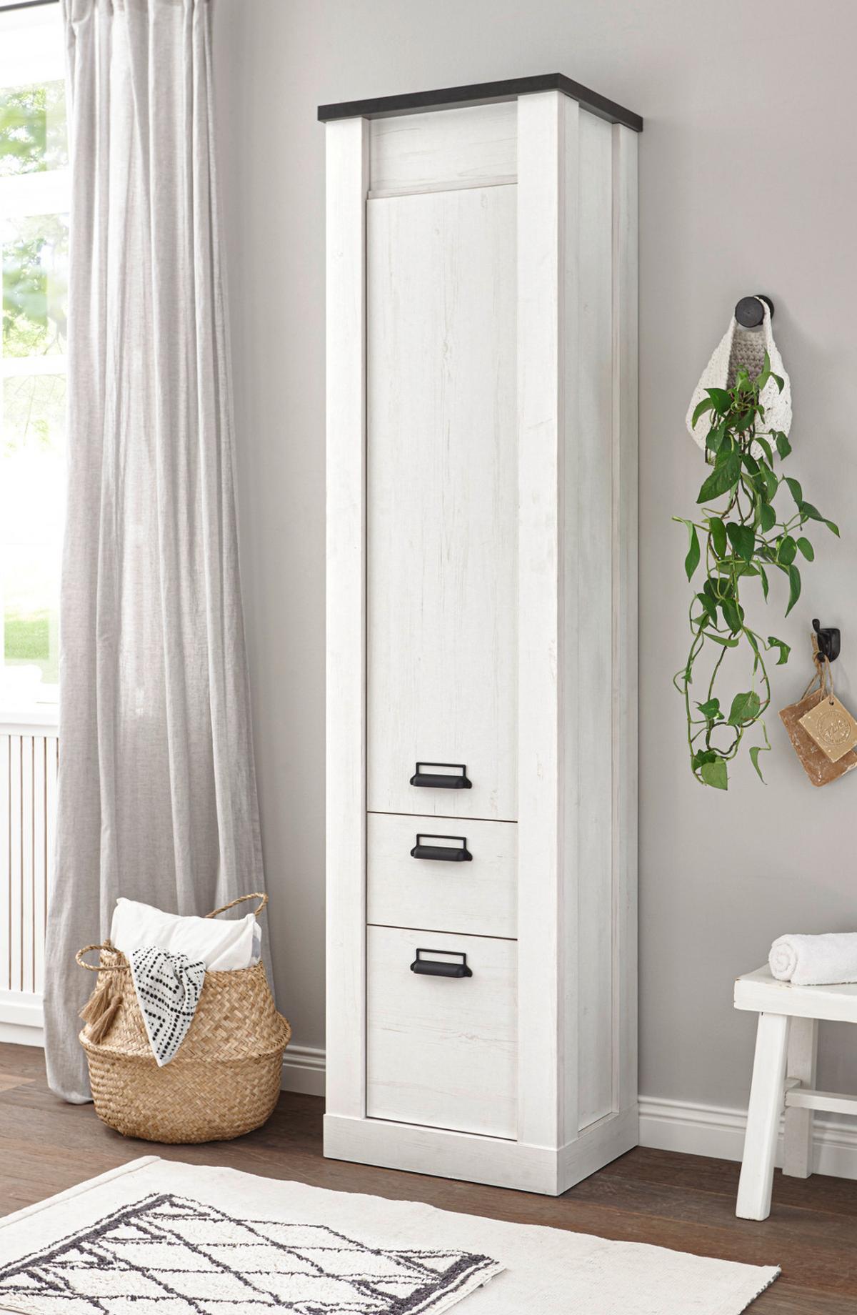 HOCHSCHRANK weiß Pinie, anthrazit Landhaus, Badschrank mit Soft-Close - Anthrazit/Weiß, Holzwerkstoff/Metall (51/201/38cm) - Furn.Design