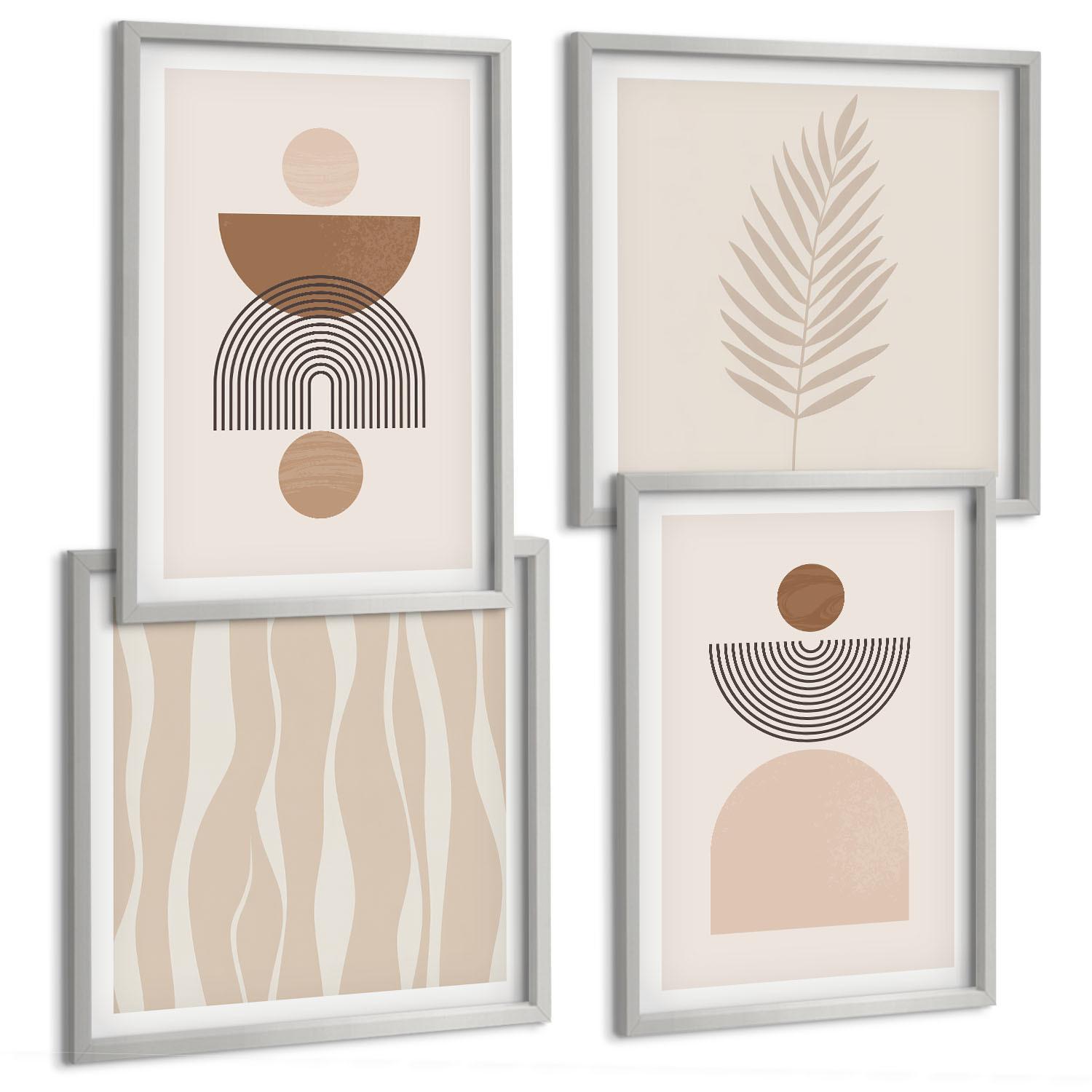 BILDER SET 4er Set - 50x50 cm & 40x60 cm Silberner Rahmen - Abstrakte Formen braun beige - Silberfarben, Kunststoff (50/50cm) - TULUP