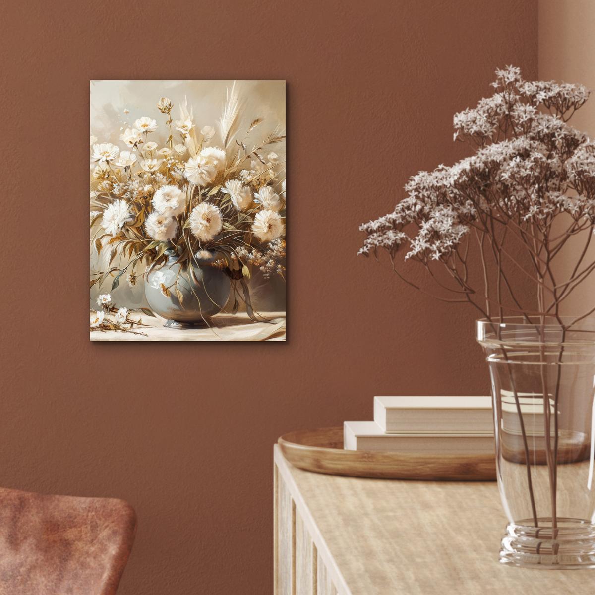 METALLBILD Blumen - Vase - Stilleben - Beige 30x40 cm - Creme, Metall (30/40cm) - MuchoWow