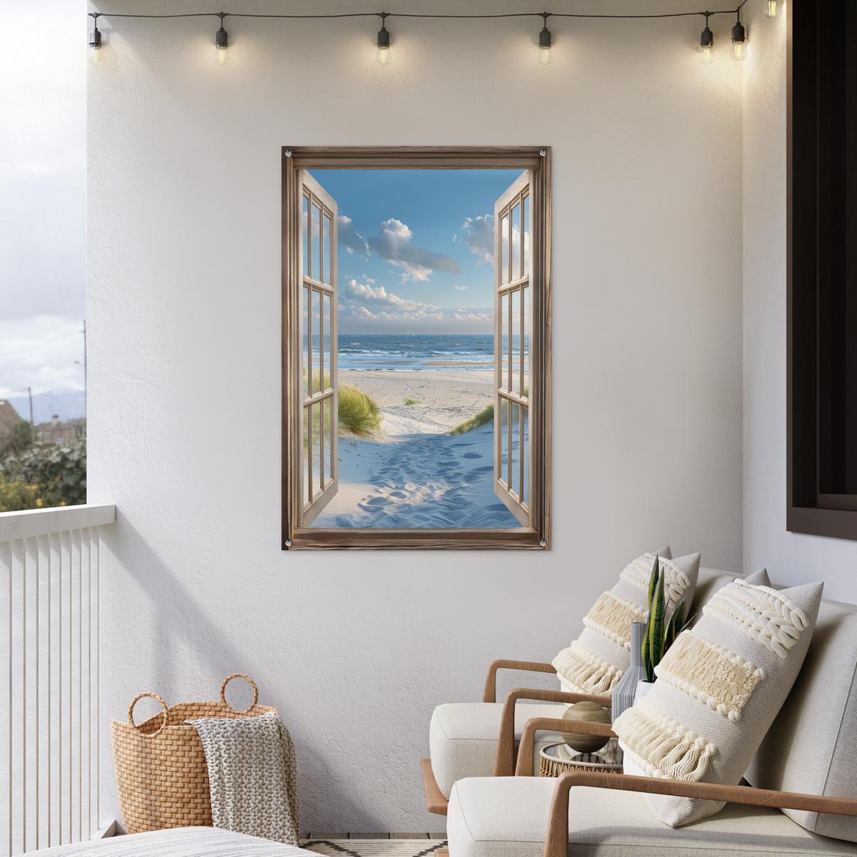 GARTENPOSTER Aussicht - Strand - Fenster - Dünen - Meer Outdoor Bilder 80x120 cm - Hellblau, Kunststoff (80/120/0.2cm) - OnlyWow