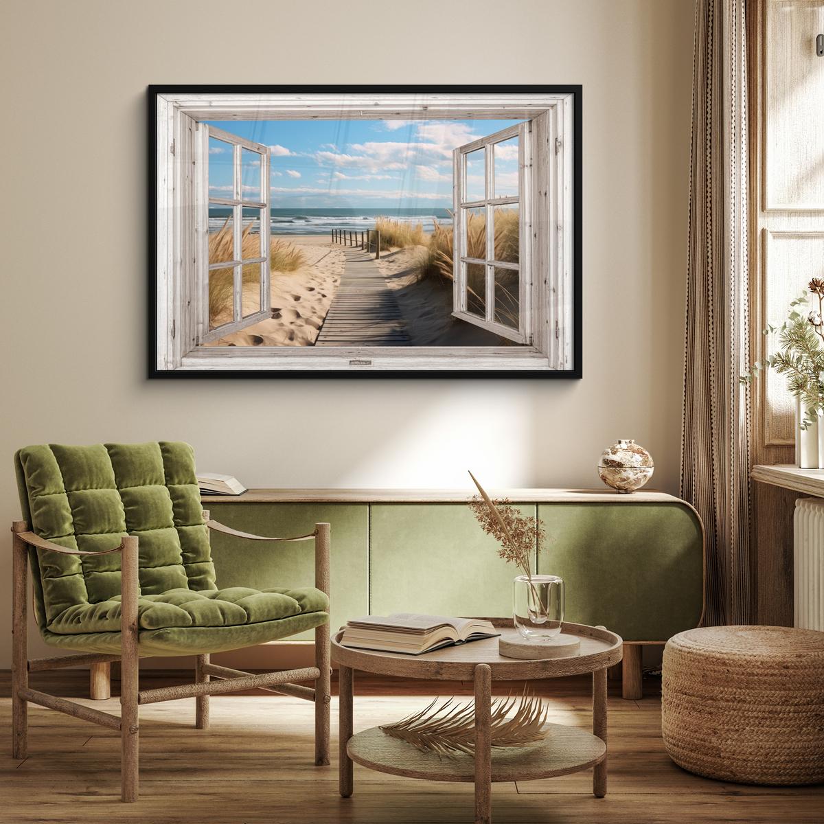 POSTER MIT RAHMENGERAHMTES BILD Fenster - Meer - Küste - Natur - Ausblick - Strand - Wattenmeer 120x80 cm - Beige, Papier (120/80cm) - MuchoWow