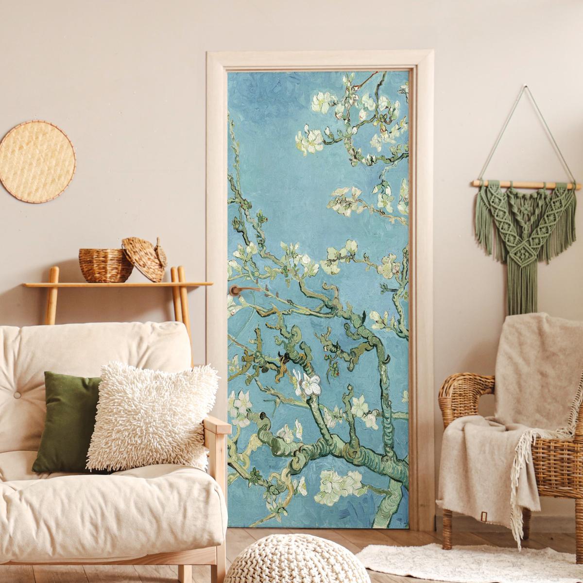 TÜRAUFKLEBER Selbstklebend - Mandelblüte - Van Gogh - Kunst 85x205 cm - Türtapete - Pastellblau, Kunststoff (85/205cm) - MuchoWow
