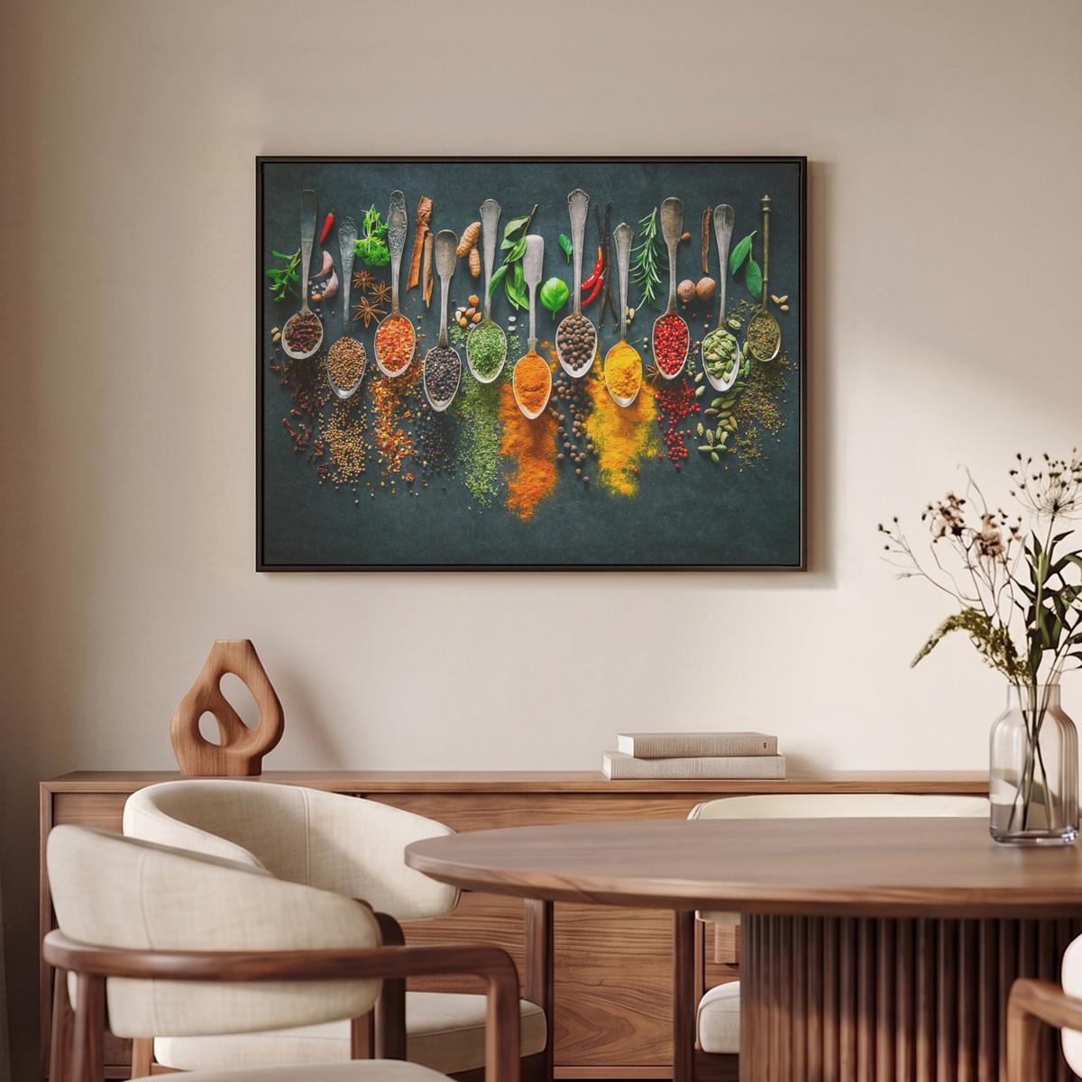 LEINWAND Bilder mit Rahmen - Kräuter - Gewürze - Löffel - 70x50 - Currygelb, Textil (70/50cm) - MuchoWow