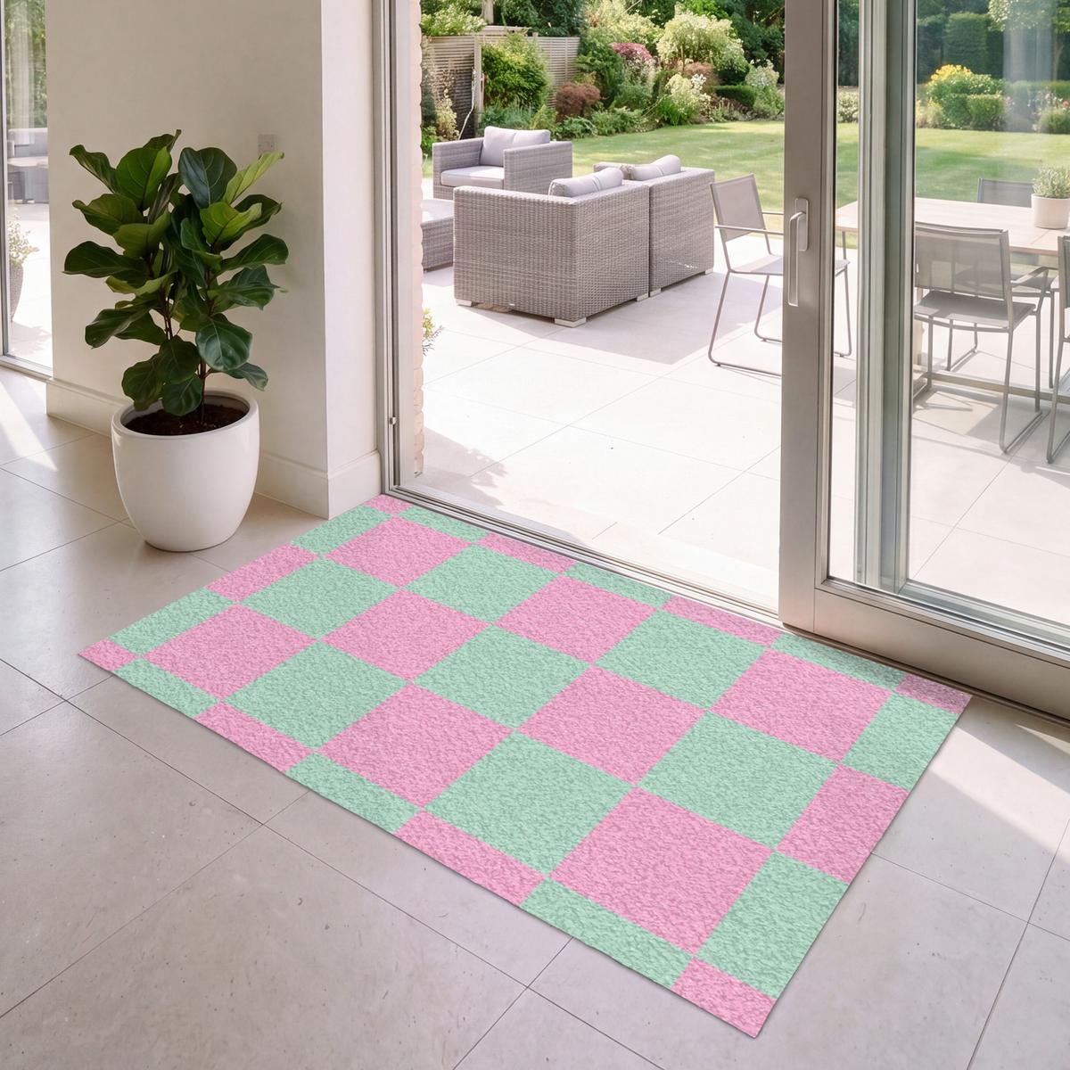 FUSSMATTE Schachbrettmuster - Grün - Rosa - Würfel Fußabtreter 150x90 cm - Mintgrün, Kunststoff (150/0.4cm) - MuchoWow