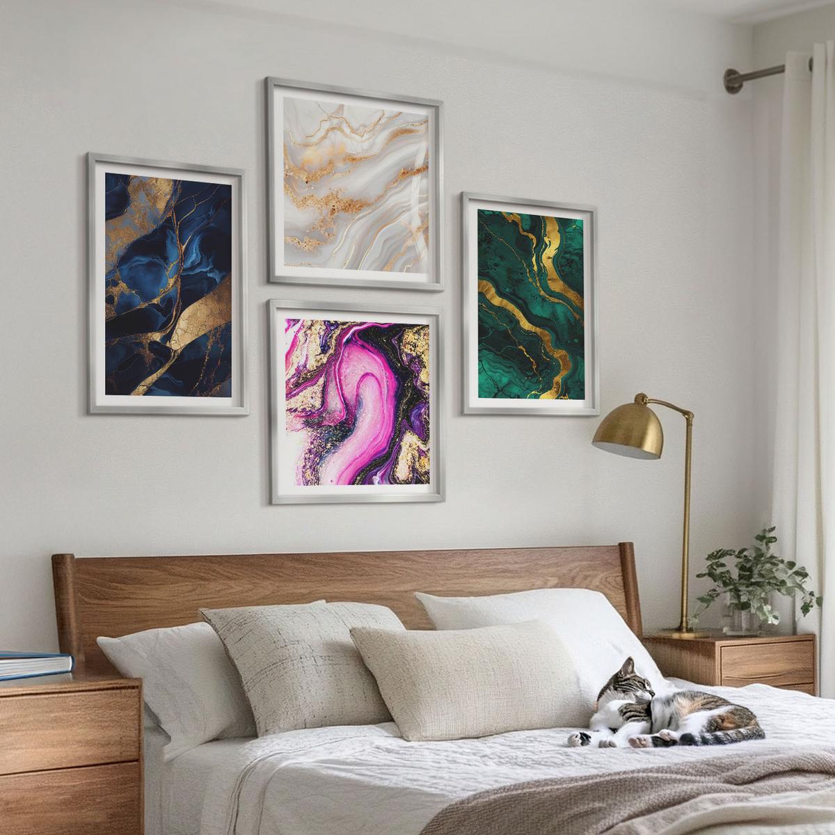 BILDER SET 4er Set - 50x50 cm & 40x60 cm Silberner Rahmen - Abstrakter Marmor mit Farben - Silberfarben, Kunststoff (50/50cm) - TULUP