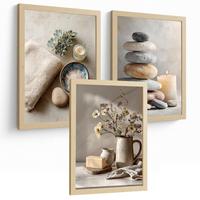 POSTER 3er-Set dekorative Badezimmer Kunstdrucke, Zen-Spa-Stil, minimalistische Bilder mit Steinen, Kerzen und Blumen, Leichter Holzrahmen A4 - Beige, Papier (29.7/21/3cm) - Nacnic