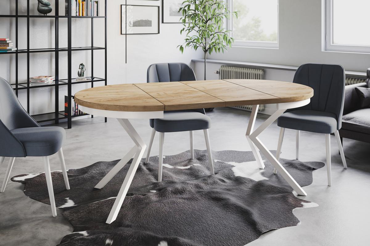 RUNDER Esszimmertisch BERGO, ausziehbarer Tisch Durchmesser: 120 cm/200 cm, Wohnzimmertisch Farbe: Braun, mit Metallbeinen in Farbe Weiß - Braun/Weiß, Holzwerkstoff (120/120/76cm) - Alpi-Möbel