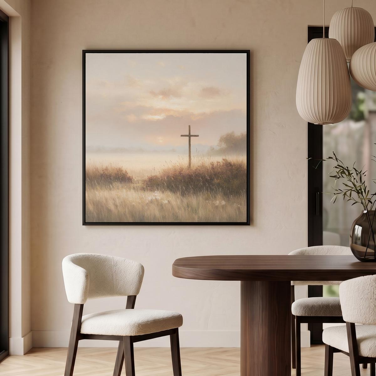 LEINWAND Bilder mit Rahmen - Gras - Morgennebel - Kreuz - Christentum - 90x90 - Beige, Textil (90/90cm) - MuchoWow