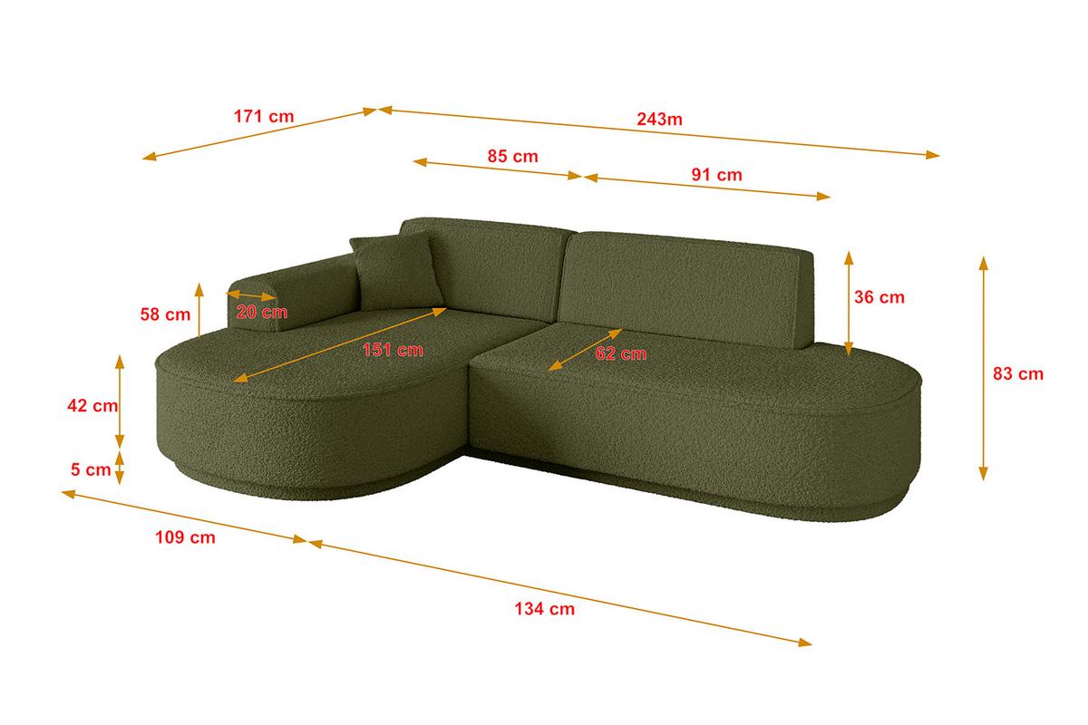 ECKSOFA Ottomane Links MARI-L1-v3 - 243x171x83 cm Grün Bouclé - Schwarz/Grün, Holzwerkstoff/Kunststoff (243/171cm) - ALTDECOR