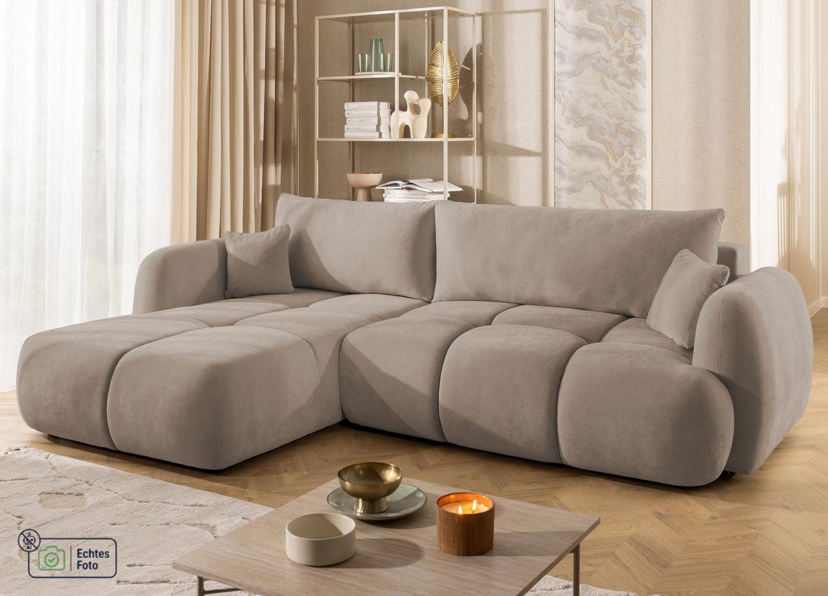 ECKSOFA Loretto aus natürlichem Greige Webstoff mit Schlaffunktion, Bettkasten und tiefen Steppungen in Bubble-Optik - Greige/Schwarz, Holz/Kunststoff (180/275cm) - S-Style