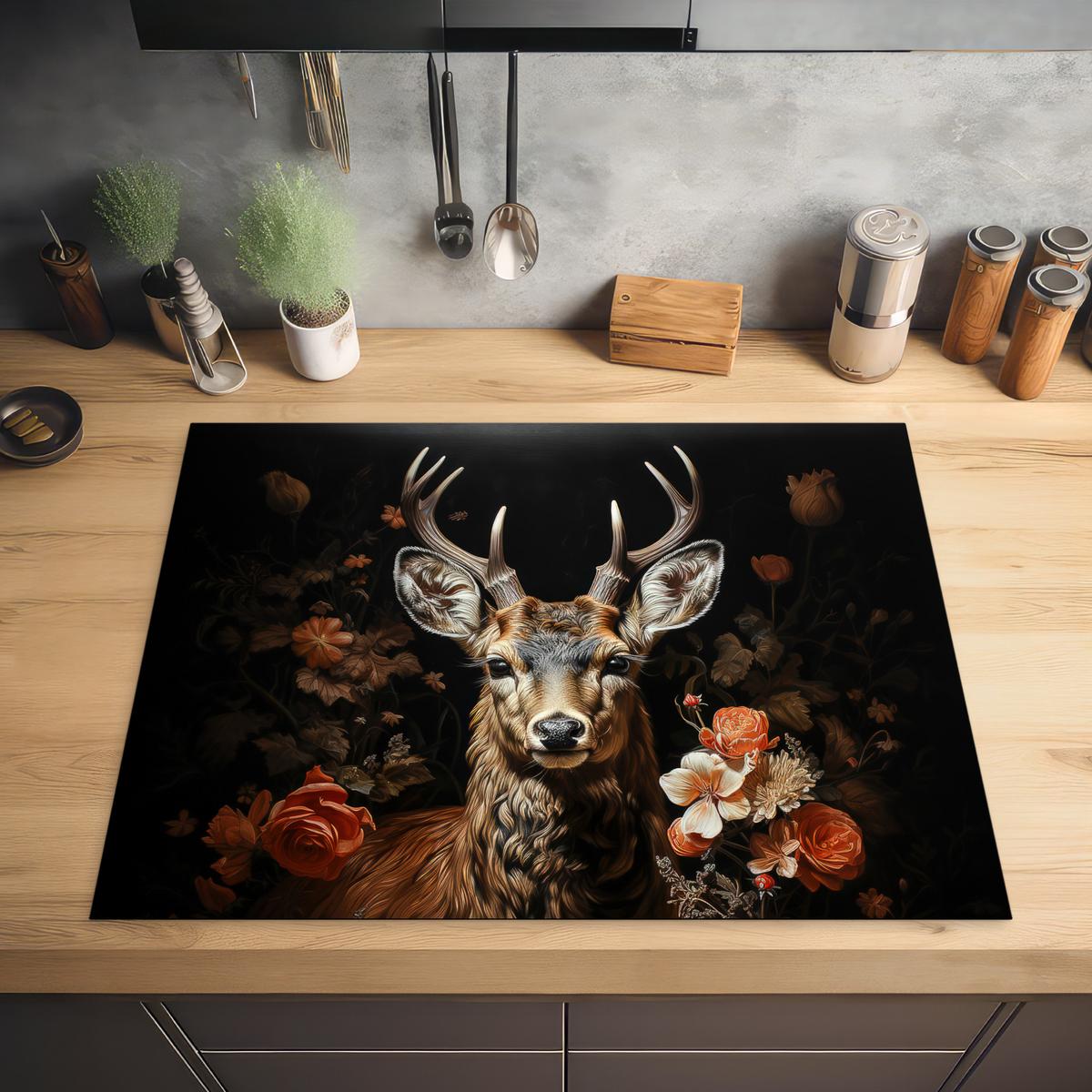 HERDABDECKPLATTE Hirsch - Tier - Blumen - Natur - Botanisch Induktionsmatte 77x59 cm - Kupferfarben, Kunststoff (77/59/0.2cm) - MuchoWow