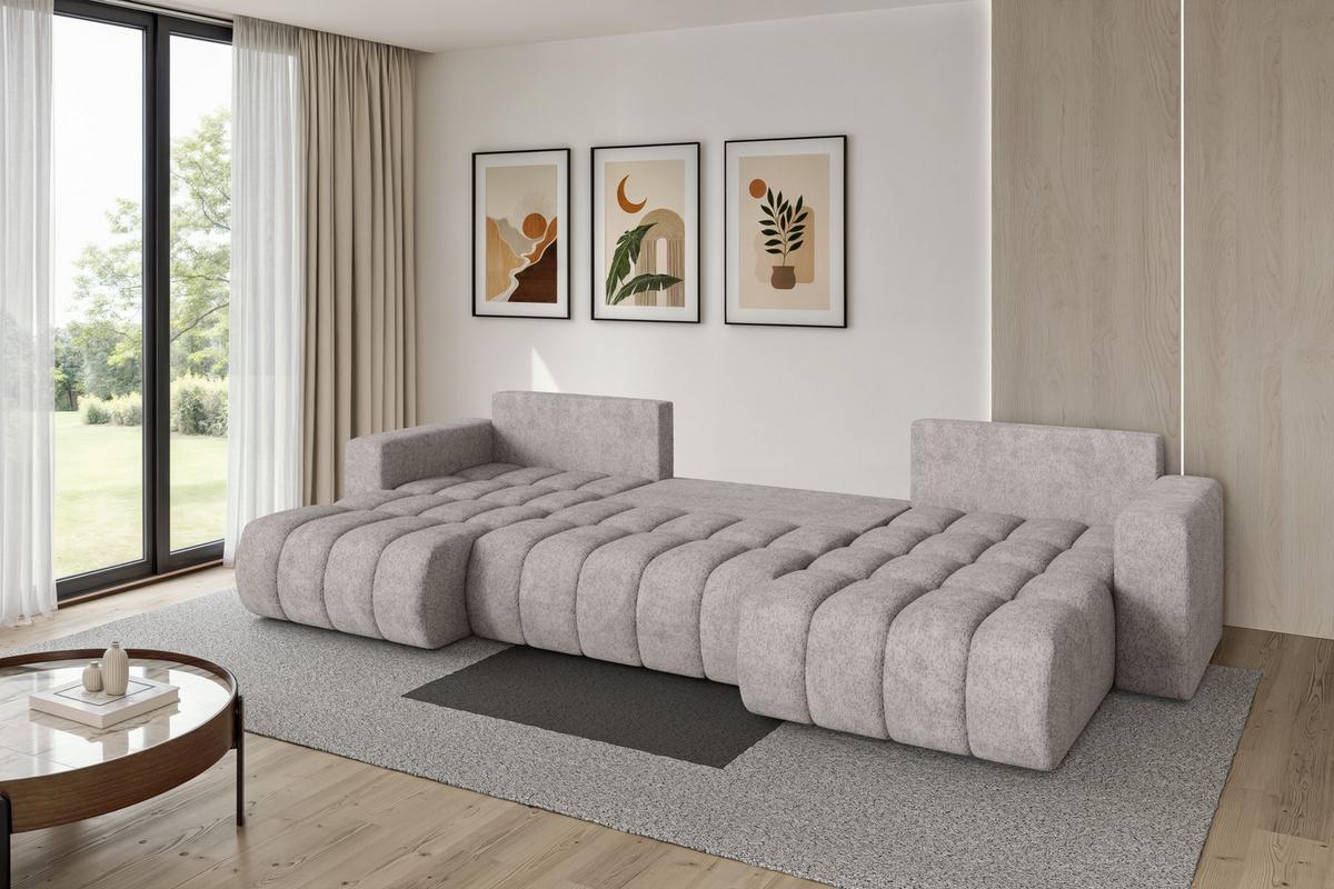 WOHNLANDSCHAFT mit Schlaffunktion und Bettkasten MILA-U-v1 378x194x86 Hellgrau Velours - Hellgrau/Schwarz, Holzwerkstoff/Kunststoff (378/86/194cm) - ALTDECOR