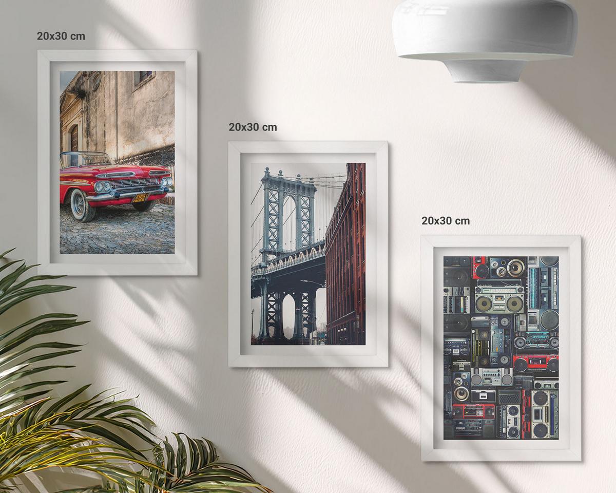 BILDER SET 3er Set - 20x30 cm Weißer Rahmen - Alte Autobrücke Brooklyn Retro-Audio - Weiß, Kunststoff (20/30cm) - TULUP