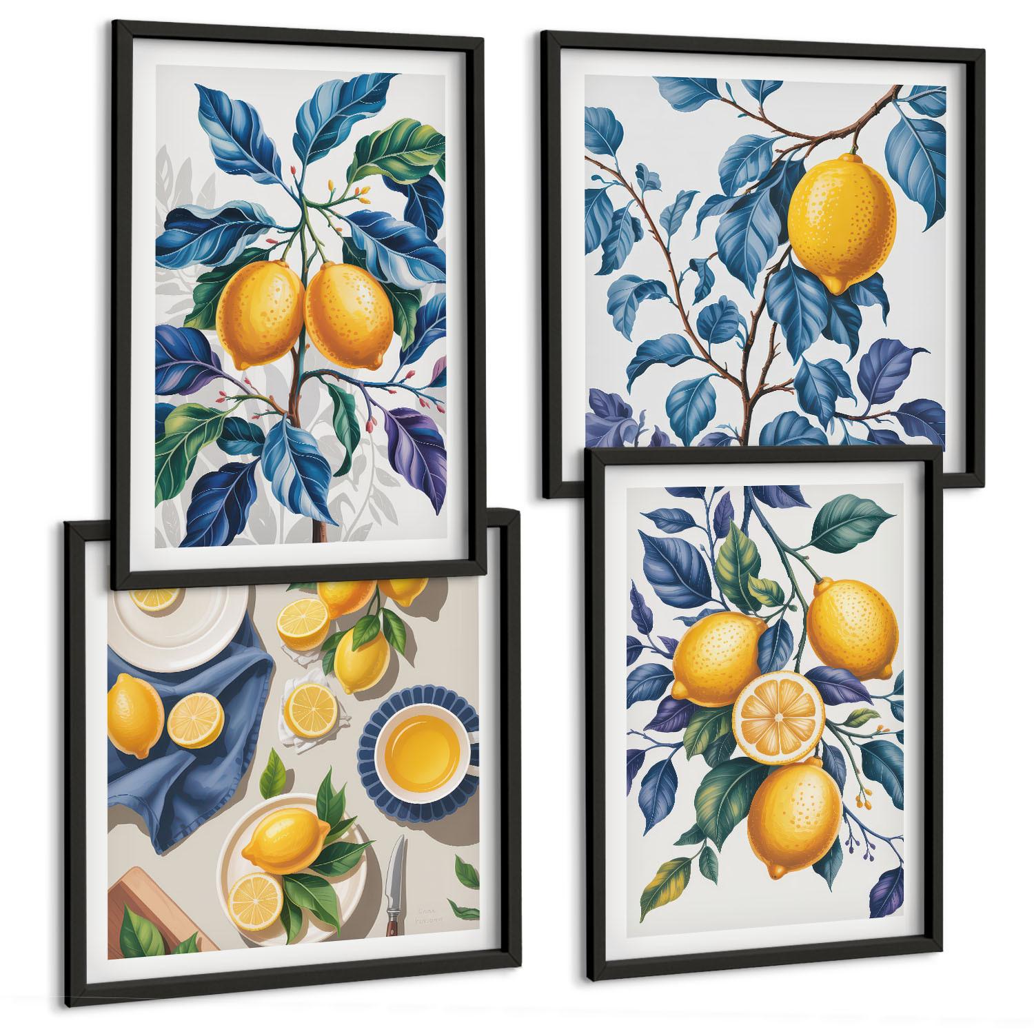 BILDER SET 4er Set - 50x50 cm & 40x60 cm Schwarzer Rahmen - Zitronenzweige mit blauen Blättern - Schwarz, Kunststoff (50/50cm) - TULUP