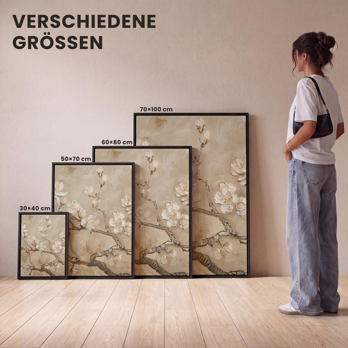 LEINWAND Bilder mit Rahmen - Blumen - Modern - Beige - Weiß - Blüte - 60x80 - Beige, Textil (60/80cm) - MuchoWow